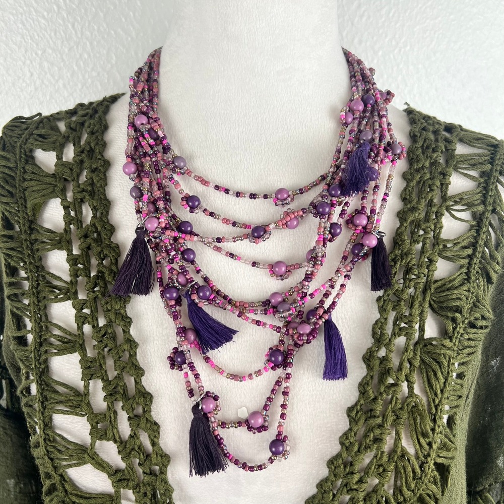 ☘️5/$25 Coldwater Creek 1946 Purple Multi Strand Beaded Statement Necklace
